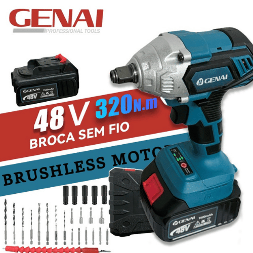 Chave de Impacto a Bateria 48v Genai + Acessórios